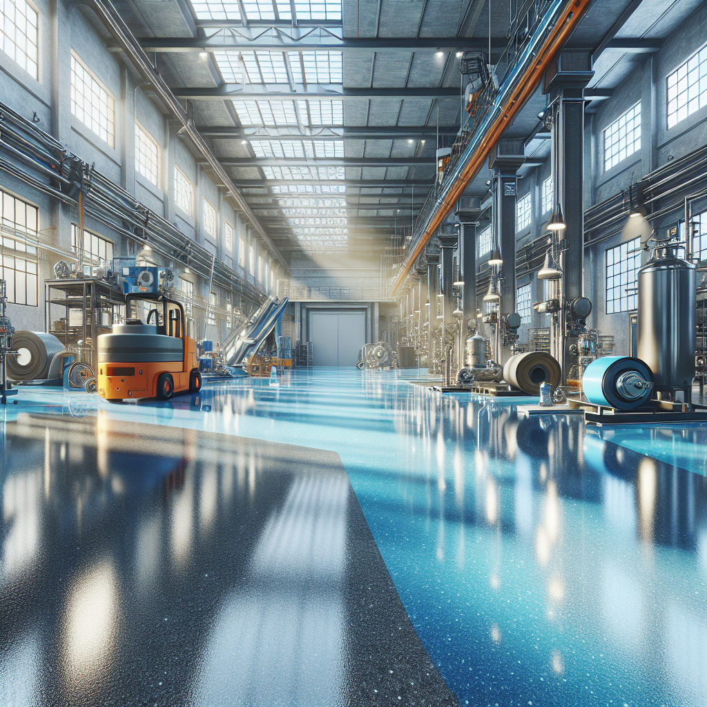 A glossy epoxy floor in an industrial warehouse with tools and equipment.