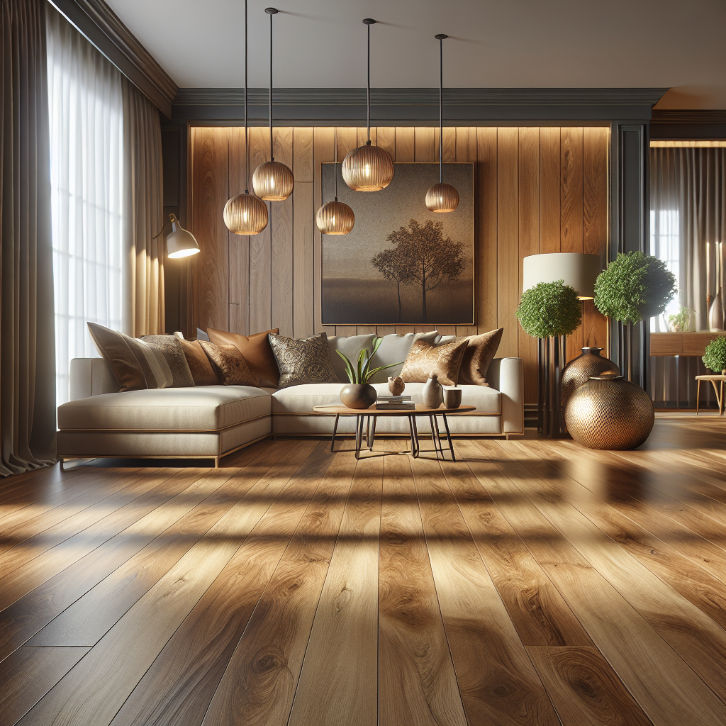 A modern interior showcasing vinyl flooring with a light wood appearance and stylish furniture.