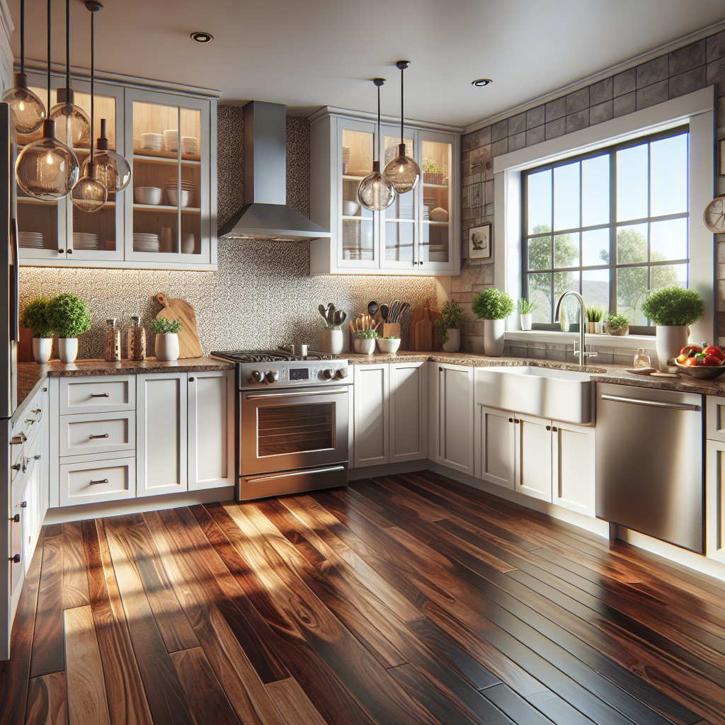 A modern kitchen featuring realistic vinyl flooring with a wood-like design.