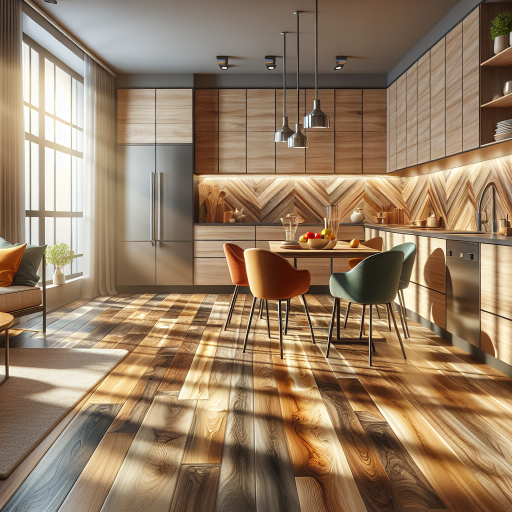 A modern kitchen with vinyl flooring that resembles wood, illuminated by sunlight.