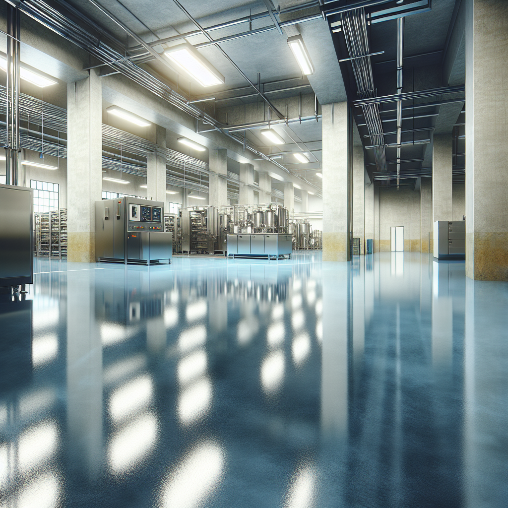 A modern commercial space showcasing a glossy epoxy floor in grey and blue tones.