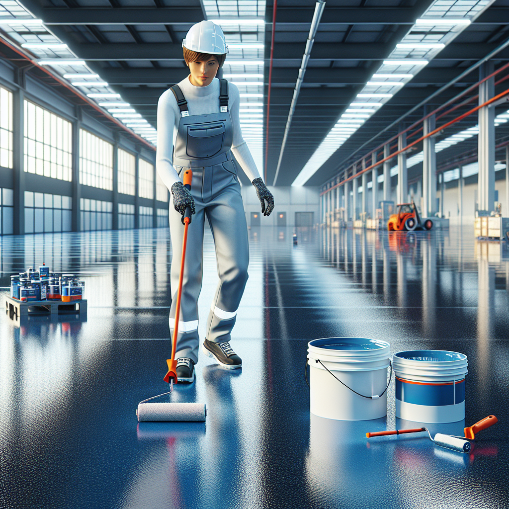 A technician applying epoxy floor coating in a commercial space.