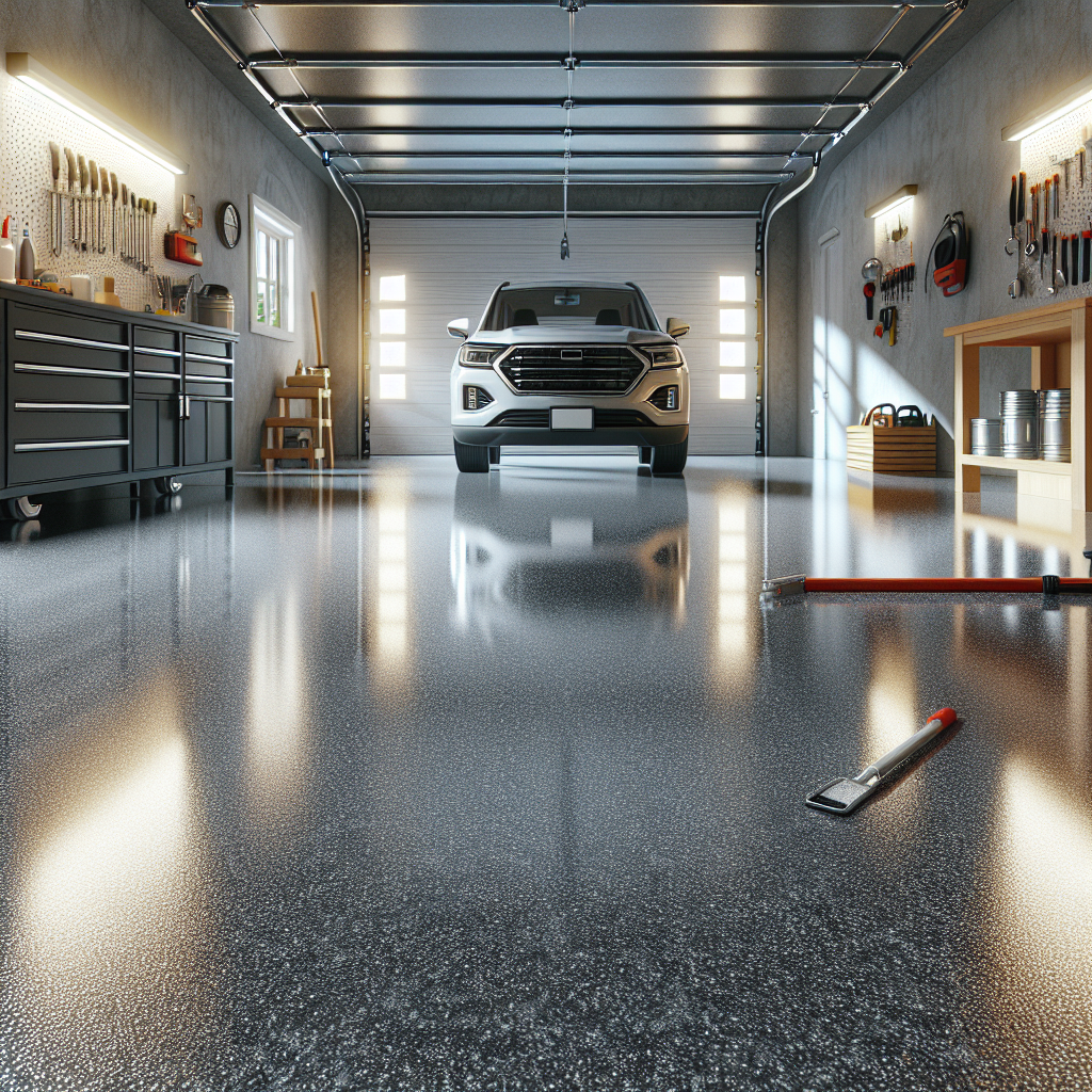 A shiny epoxy-coated garage floor with a parked car and organized tools.