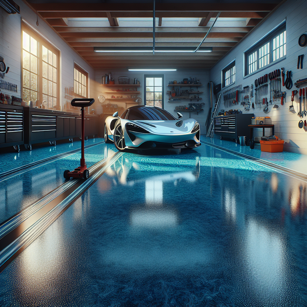 A modern garage with a glossy blue epoxy floor, a sleek car parked, and organized tools.