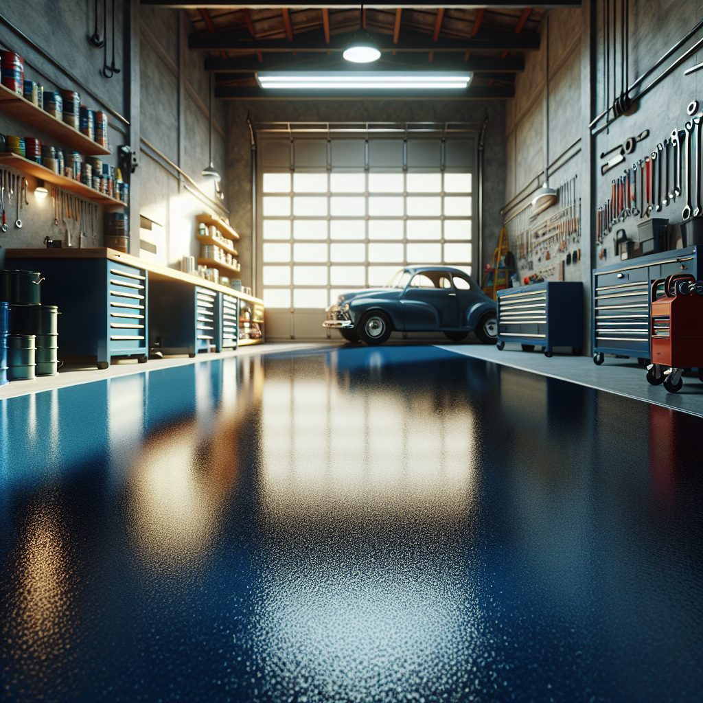 A glossy epoxy-coated garage floor with tools and a vehicle in the background.