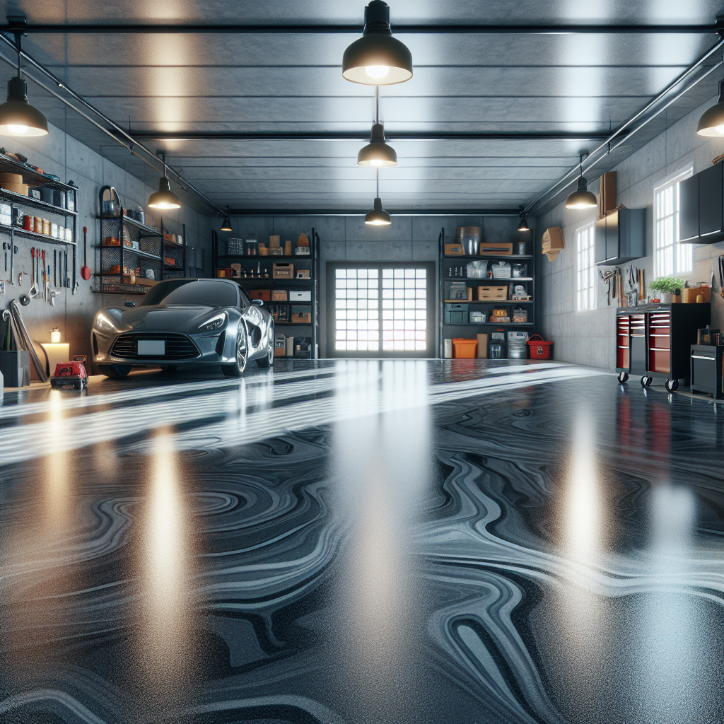 A garage interior showcasing a high-gloss epoxy floor with tools and a vehicle.