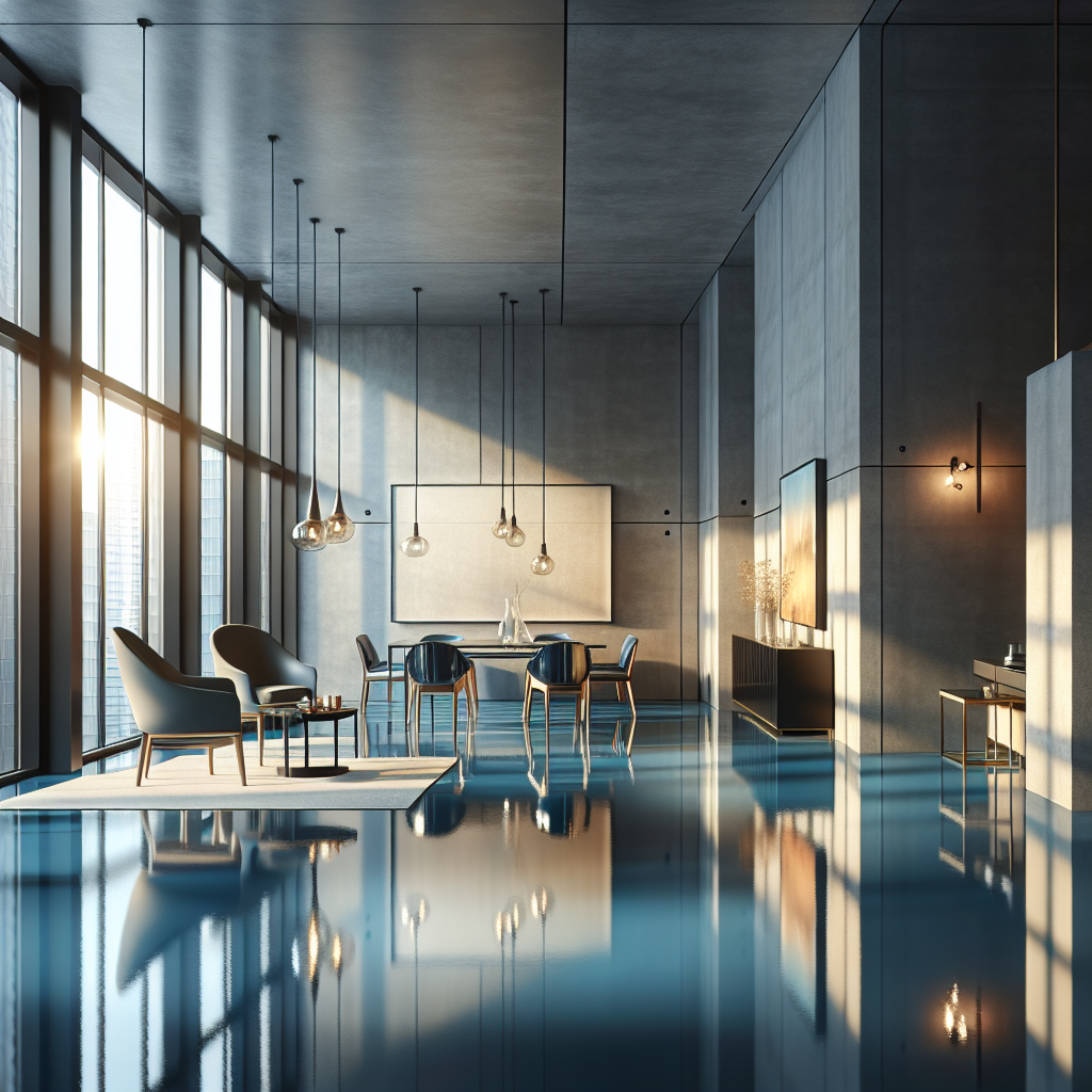 Interior view of a modern space featuring shiny blue epoxy flooring and minimalist furniture.