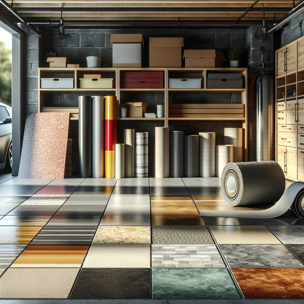 A modern garage interior displaying different flooring options such as polyurea, vinyl, concrete stains, and rubber flooring.