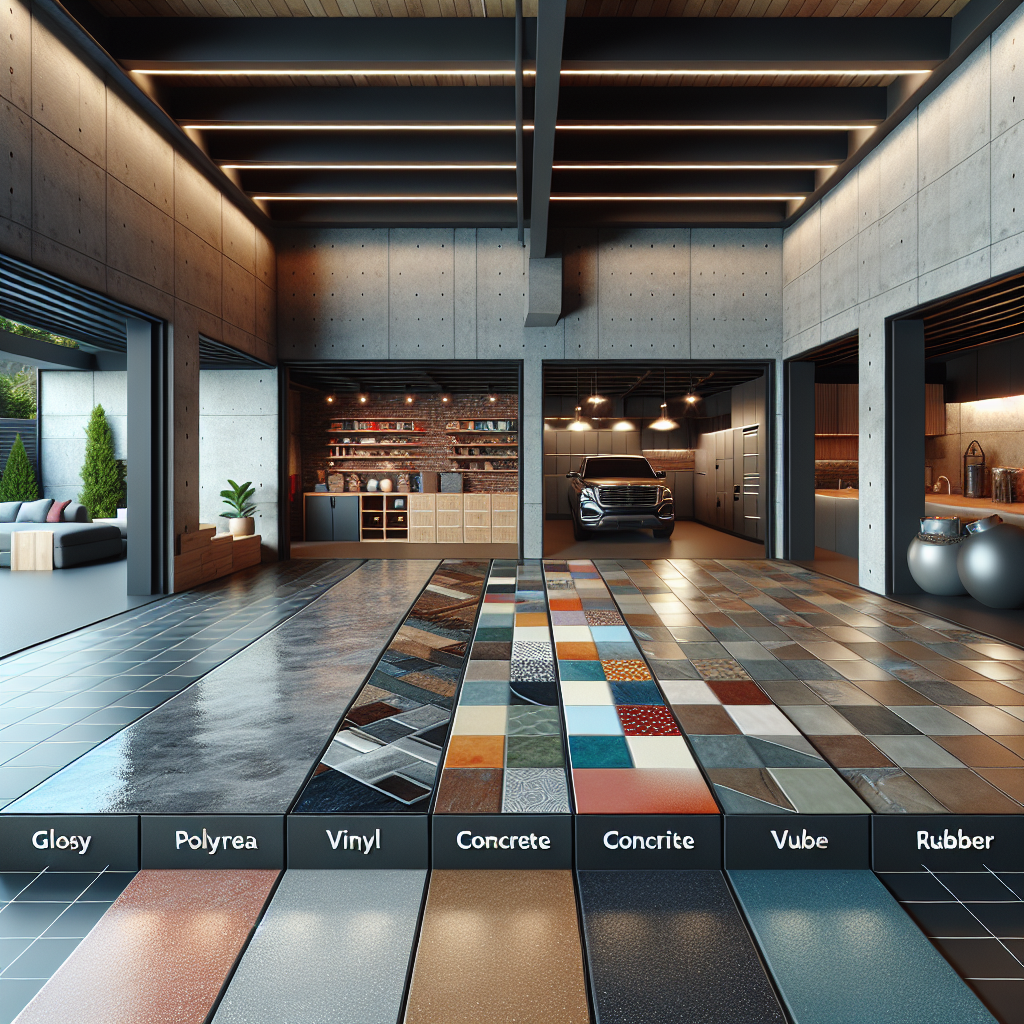 A modern garage interior with various flooring options: polyurea coatings, vinyl flooring, stained concrete, and rubber flooring.