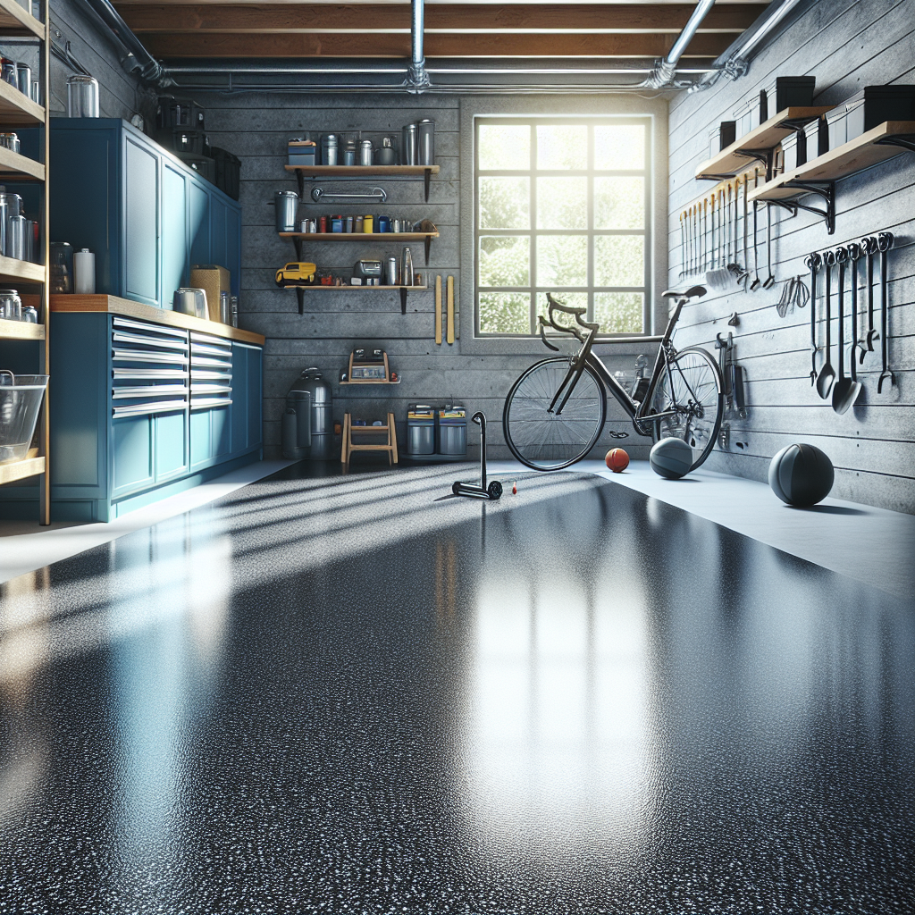 A well-maintained garage floor with high-quality epoxy coating and organized tools.