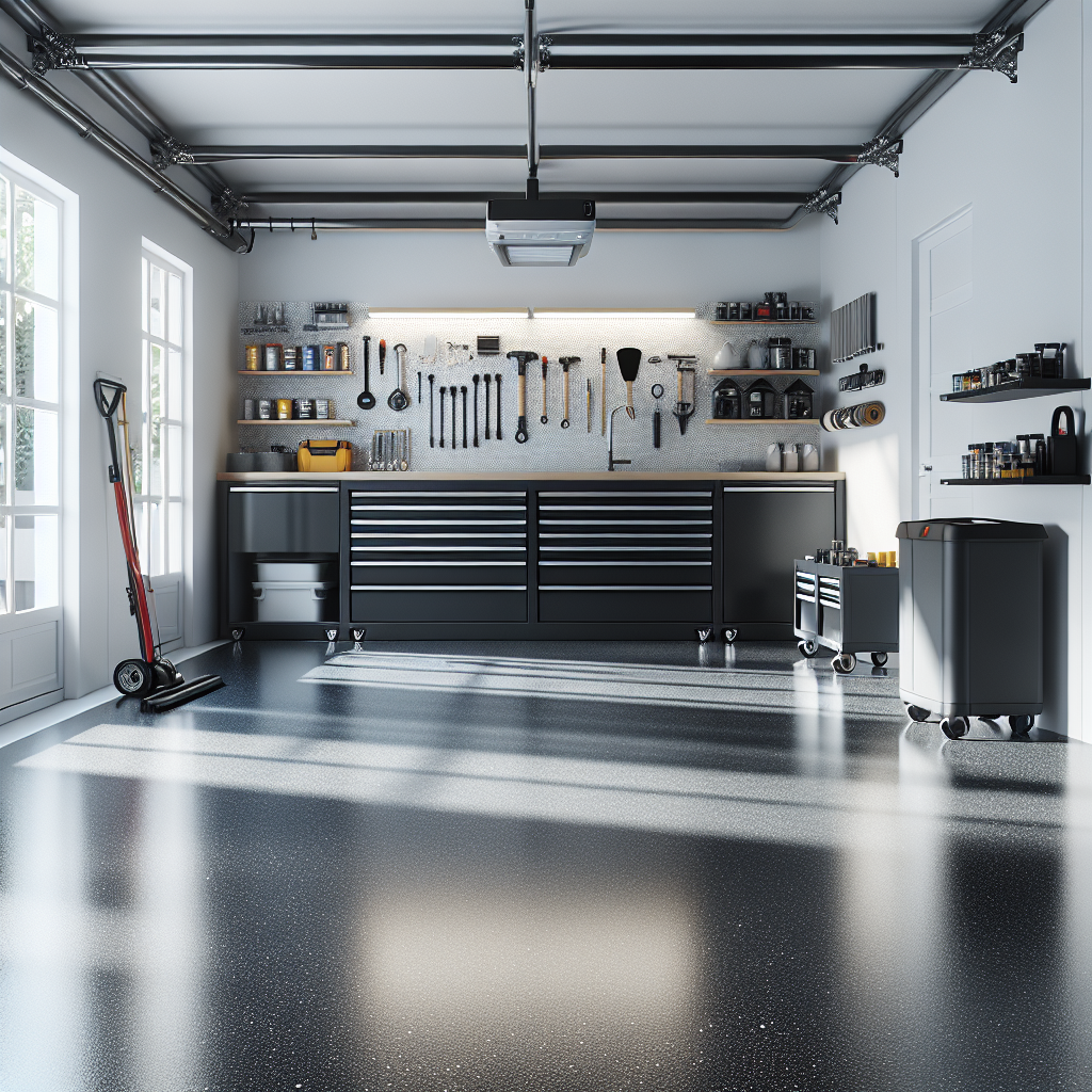 A modern garage with glossy dark gray epoxy flooring, neatly arranged tools, and bright natural light.