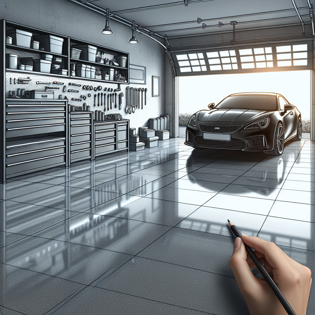 A modern garage with glossy gray epoxy floor, a black car parked, and organized storage shelves.