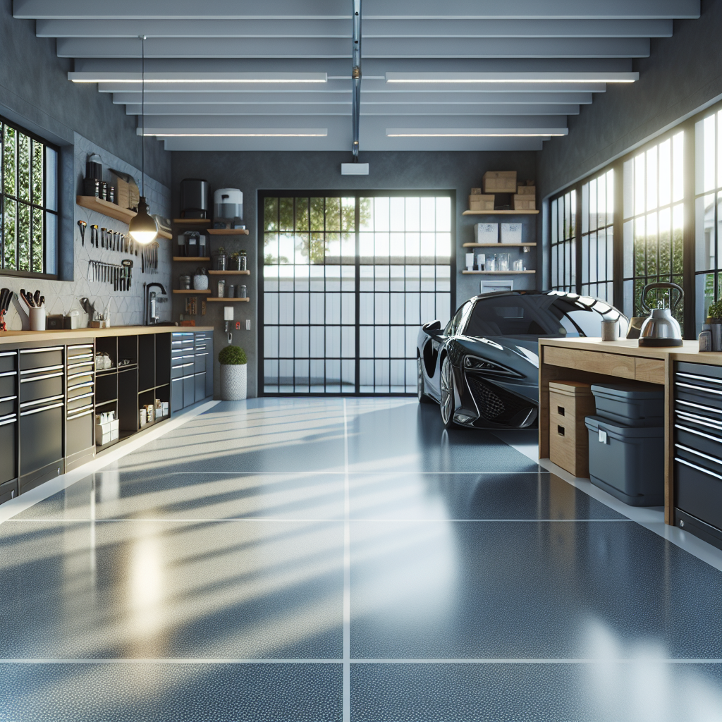 A modern garage with a shiny epoxy floor and organized tools.