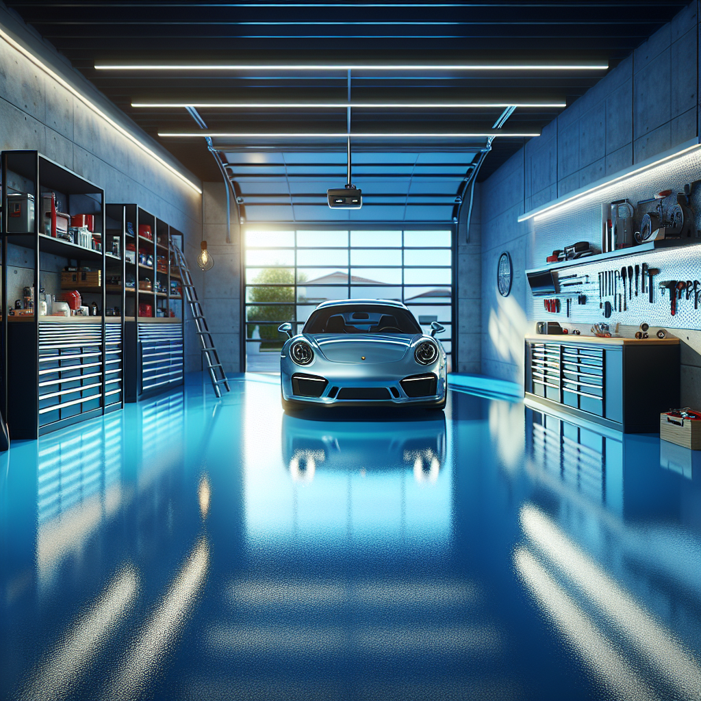 A modern garage floor with a vibrant blue epoxy coating.