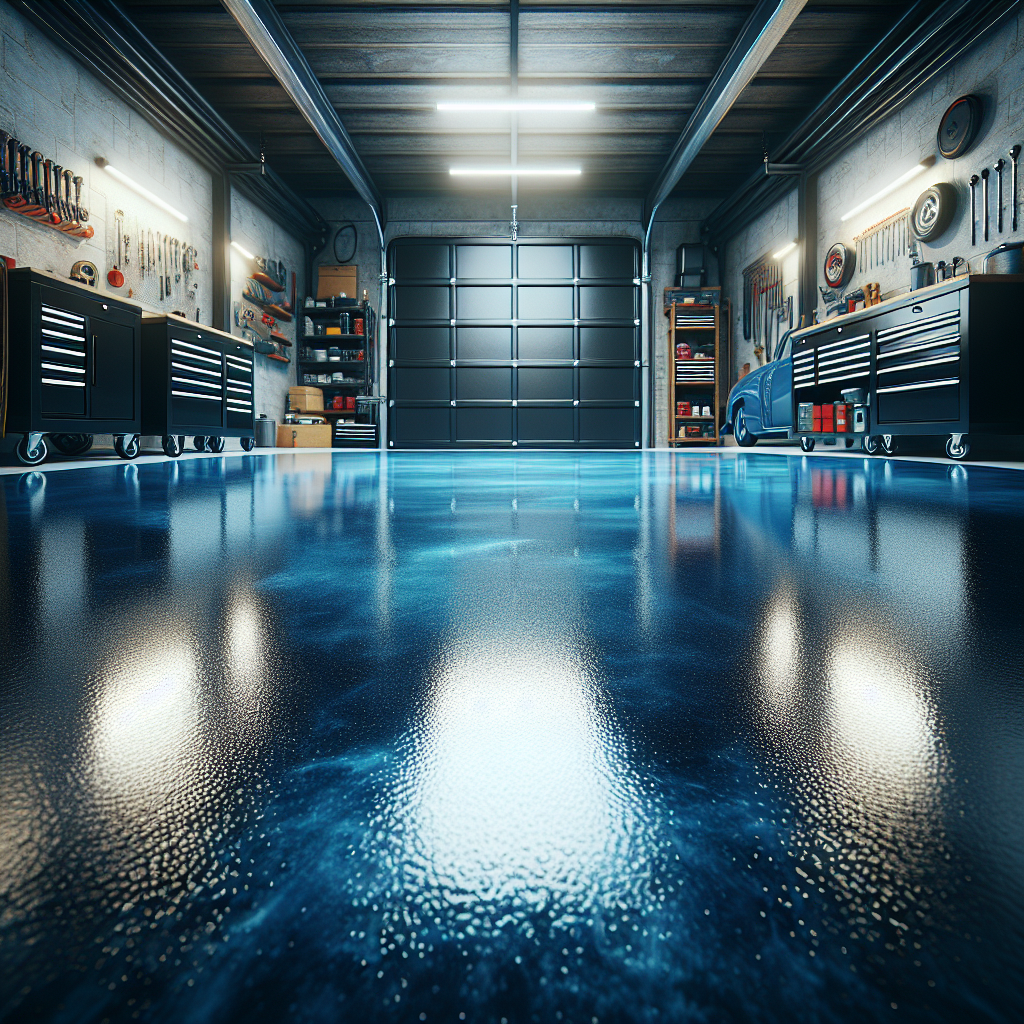 A garage floor featuring a deep blue durable epoxy coating with reflections.