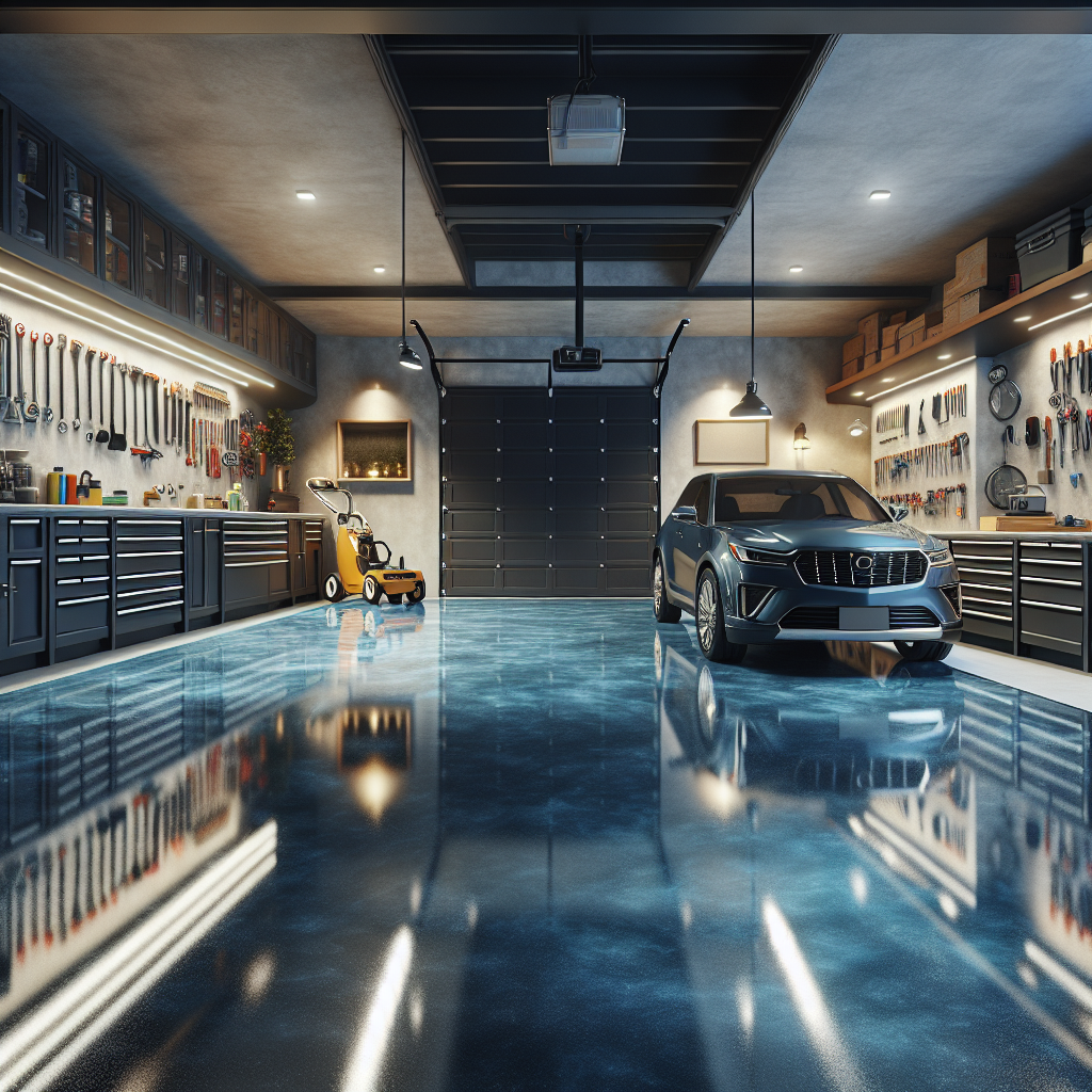 A modern garage with a glossy epoxy floor coating in blue and gray, tools on the wall, and a shiny car.