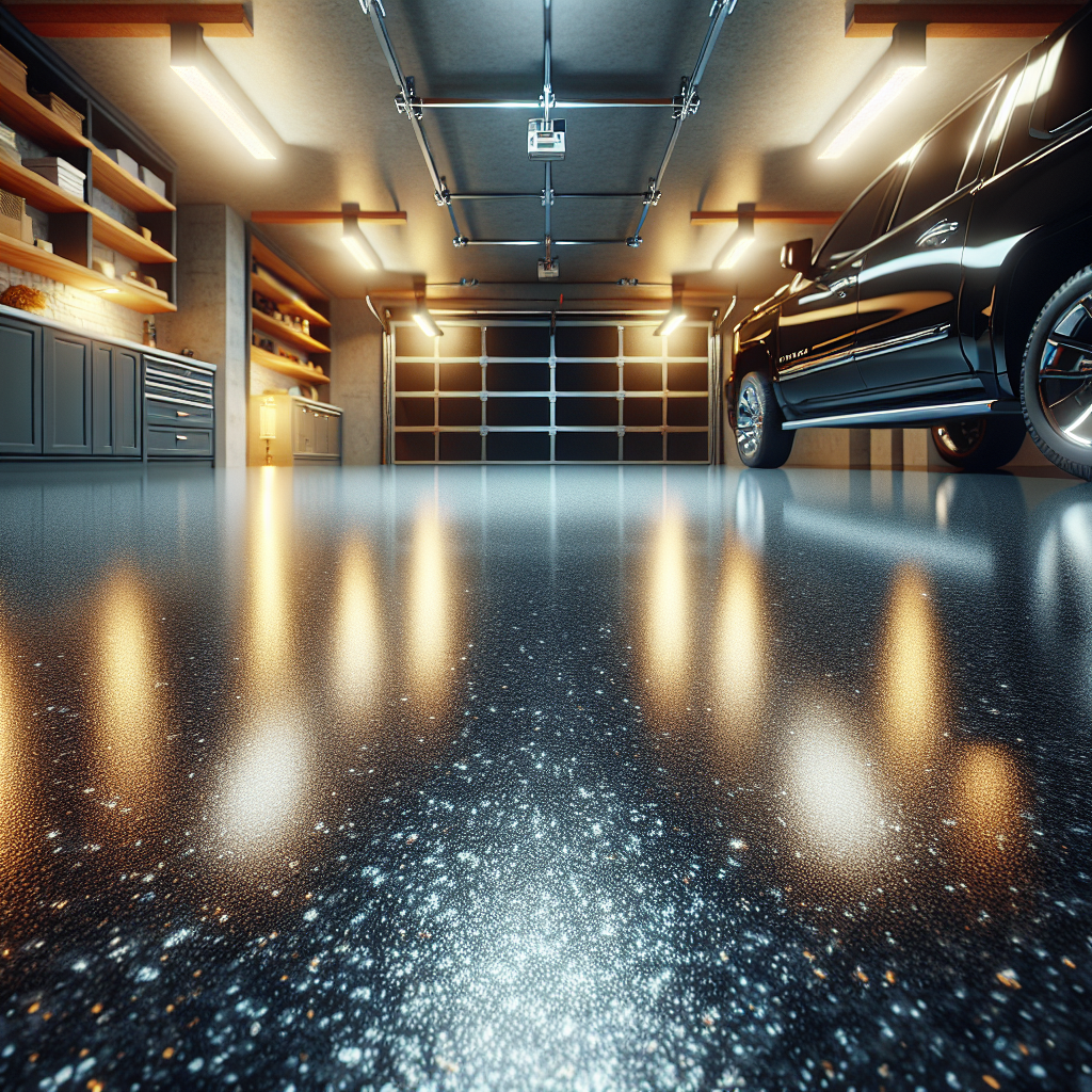 A glossy epoxy garage floor in a modern garage setting.