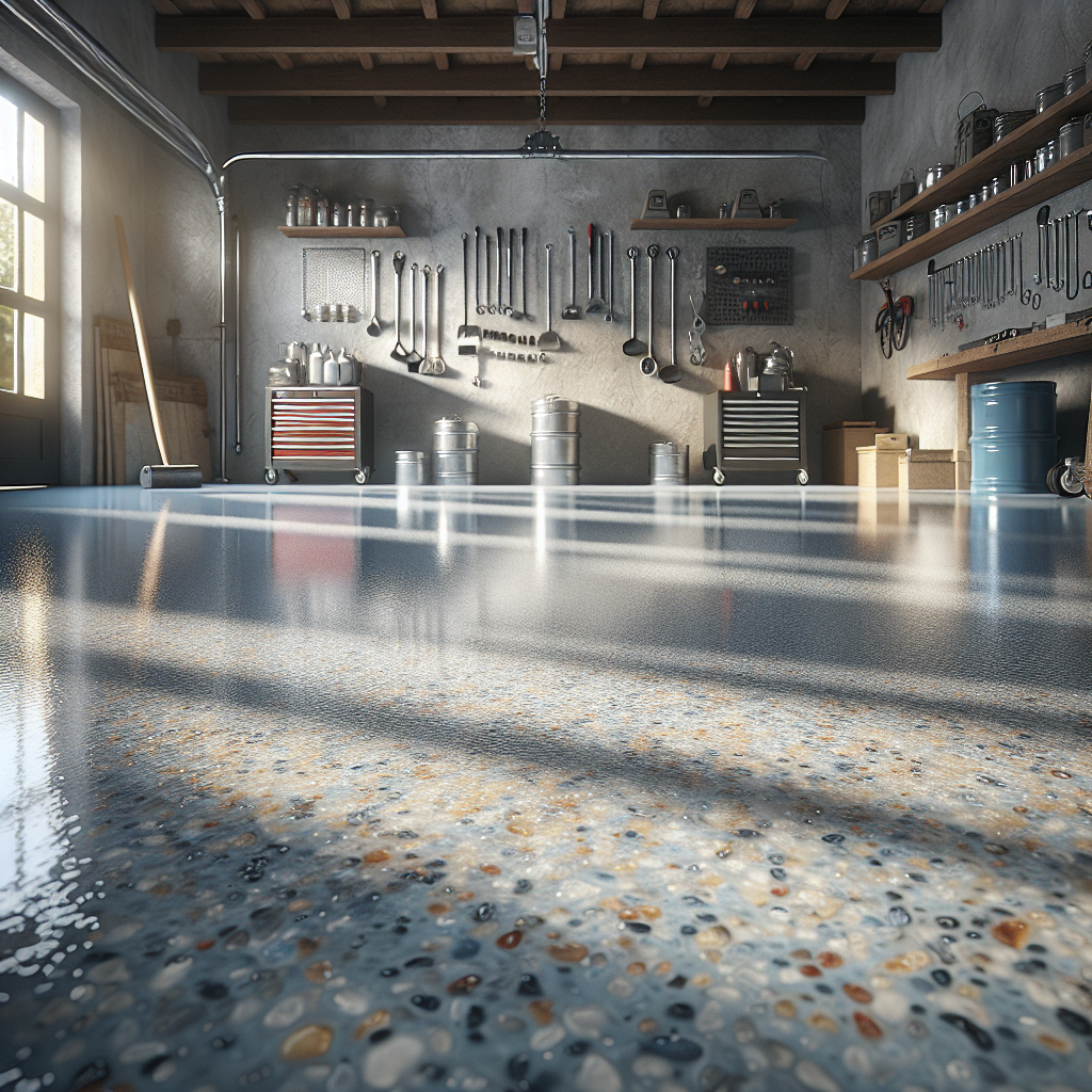 A glossy epoxy garage floor with light reflections and organized tools in the background.