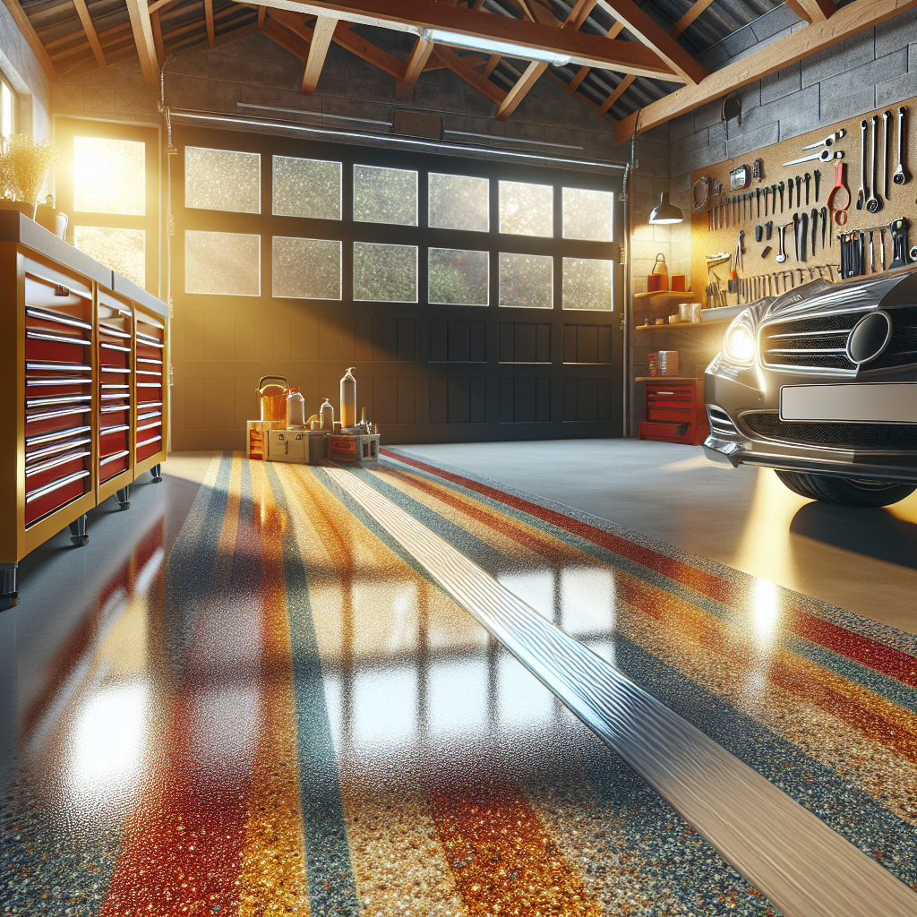 A glossy epoxy garage floor with tools organized and sunlight streaming in.