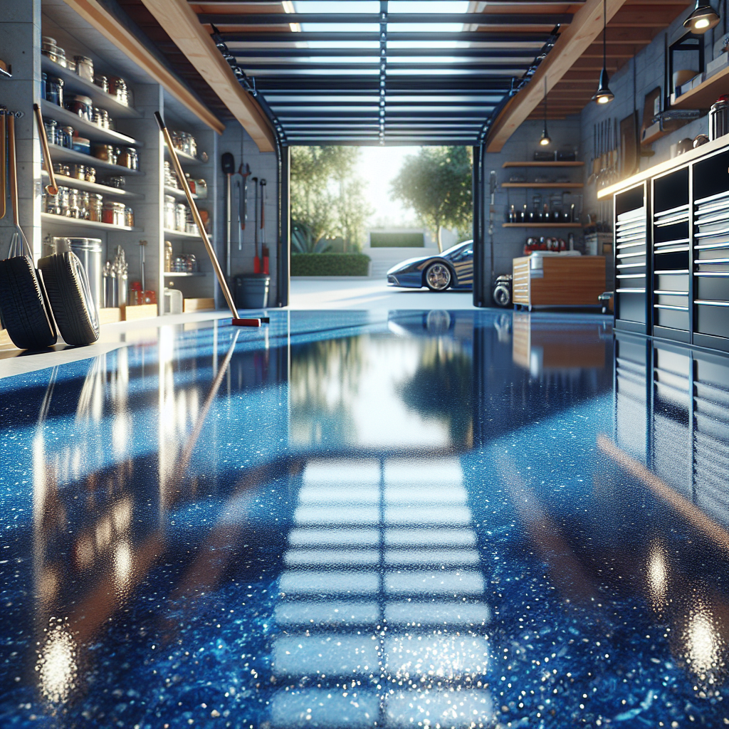 A glossy epoxy garage floor showcasing a deep blue color and reflective surface.