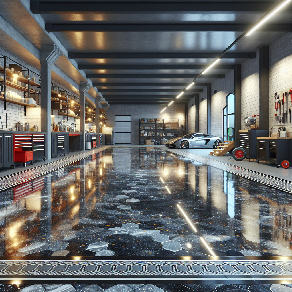 A modern garage with shiny epoxy flooring.