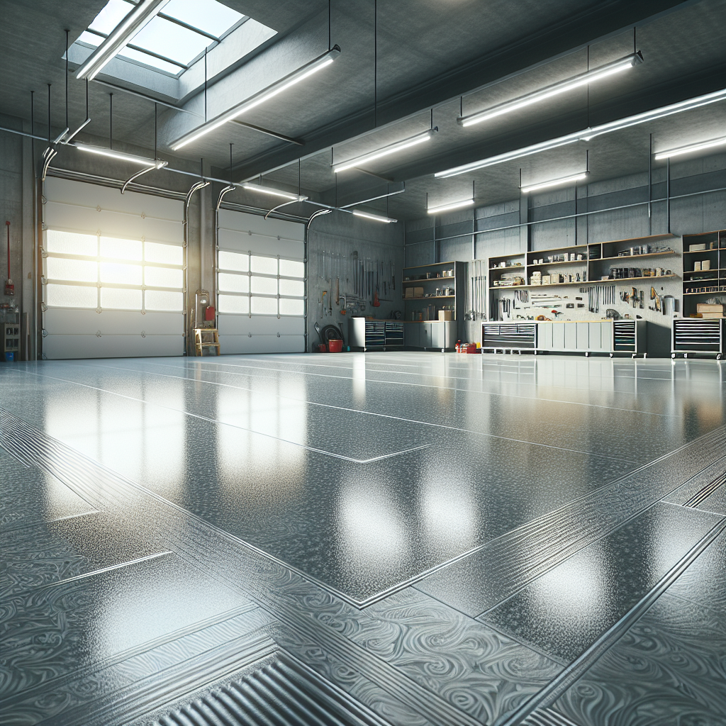 A modern garage with shiny epoxy flooring and organized tools.