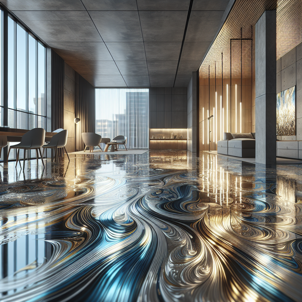 A metallic epoxy floor with reflective and intricate patterns in a modern interior.