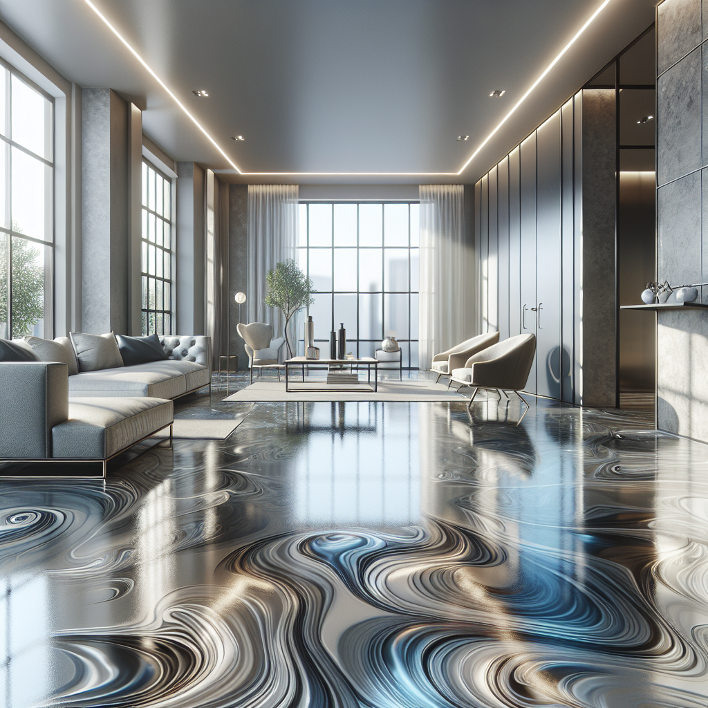 A modern residential space with metallic epoxy flooring.