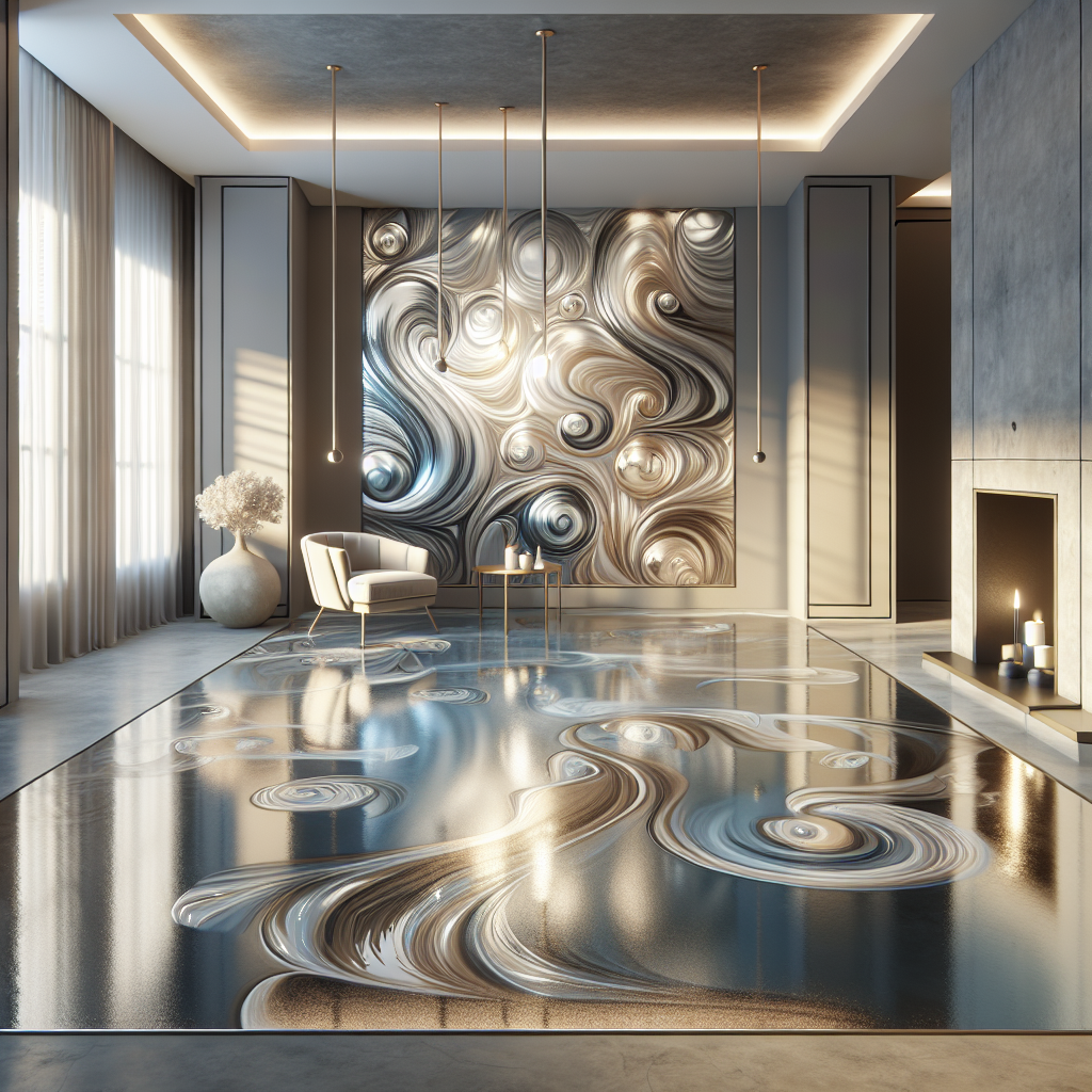 A modern interior with a glossy metallic epoxy floor featuring swirls of silver and blue pigments.