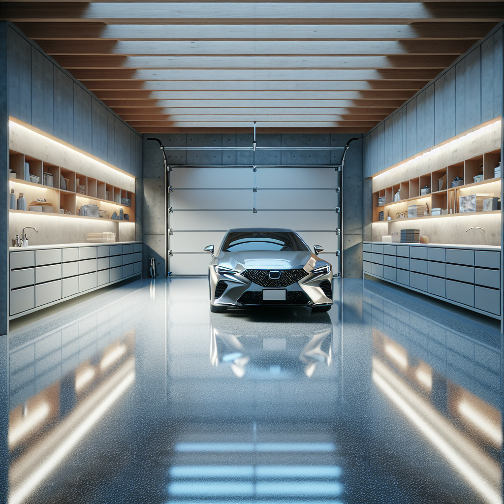 A modern garage interior with a shiny epoxy floor, a parked silver sedan, and light wood storage cabinets.