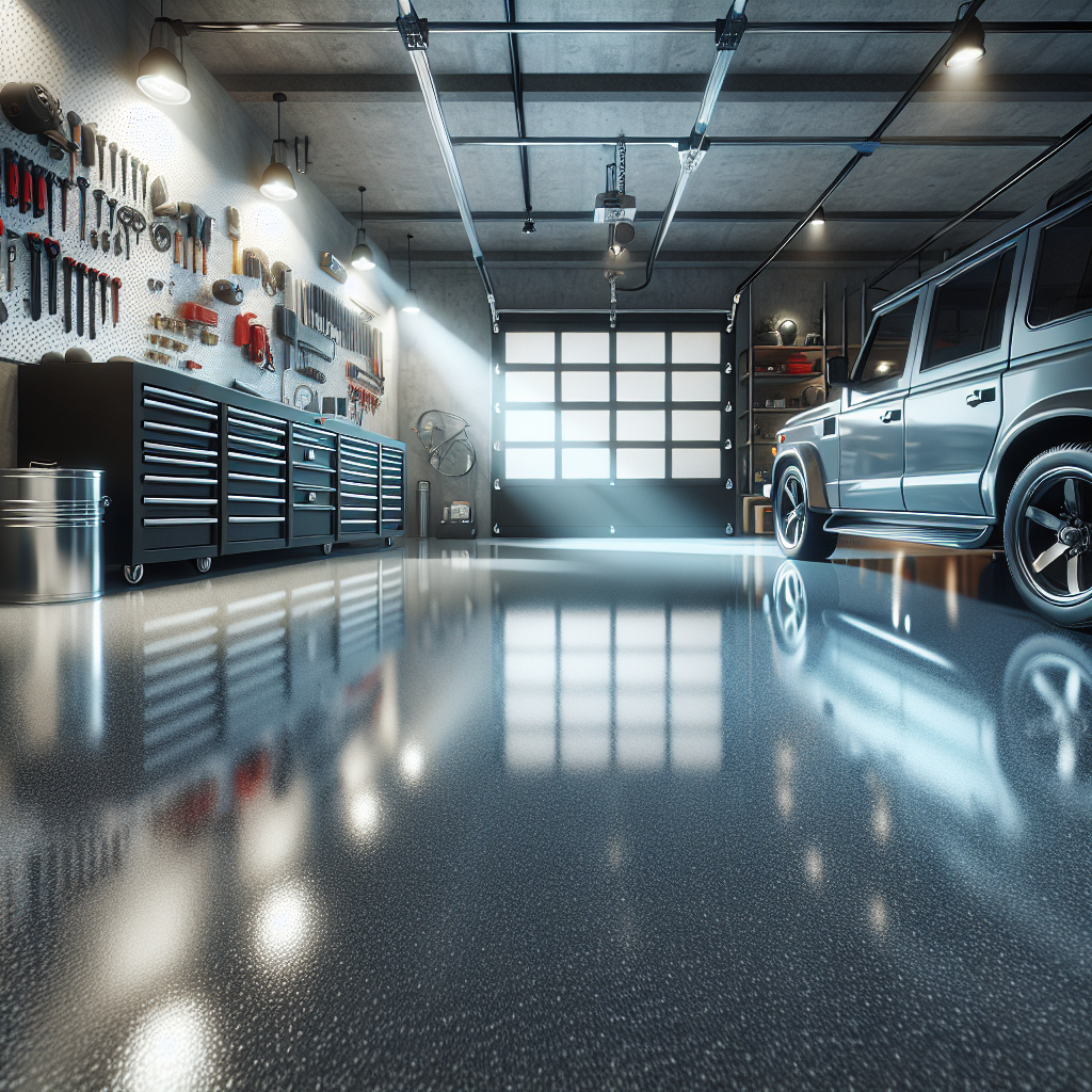 A modern garage with a glossy epoxy floor and organized tools.