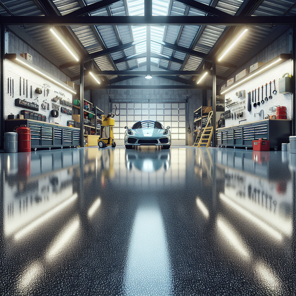 A modern garage interior with epoxy flooring and a car parked.