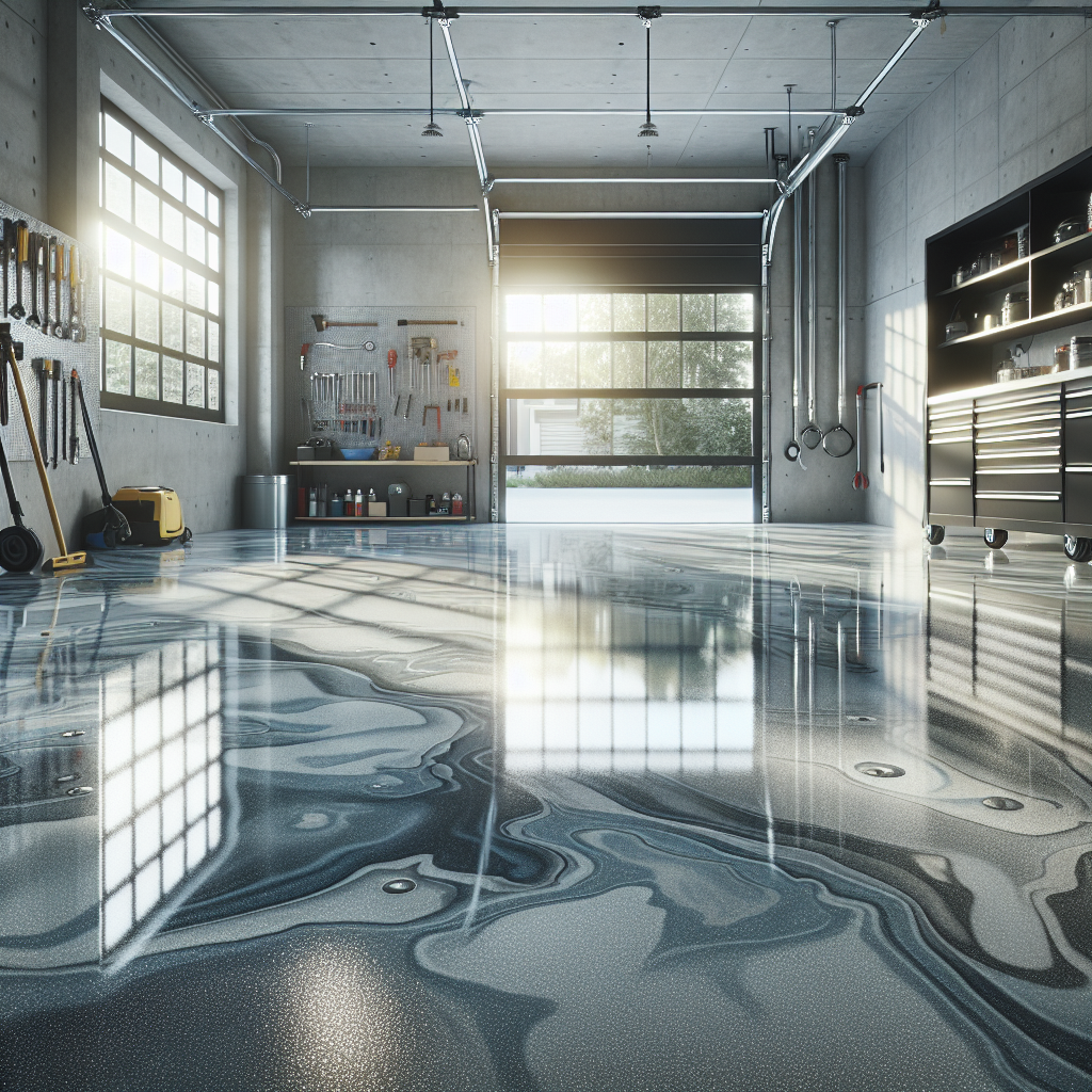 A modern epoxy flooring installation in a spacious garage, showcasing a shiny surface with grey and blue patterns.