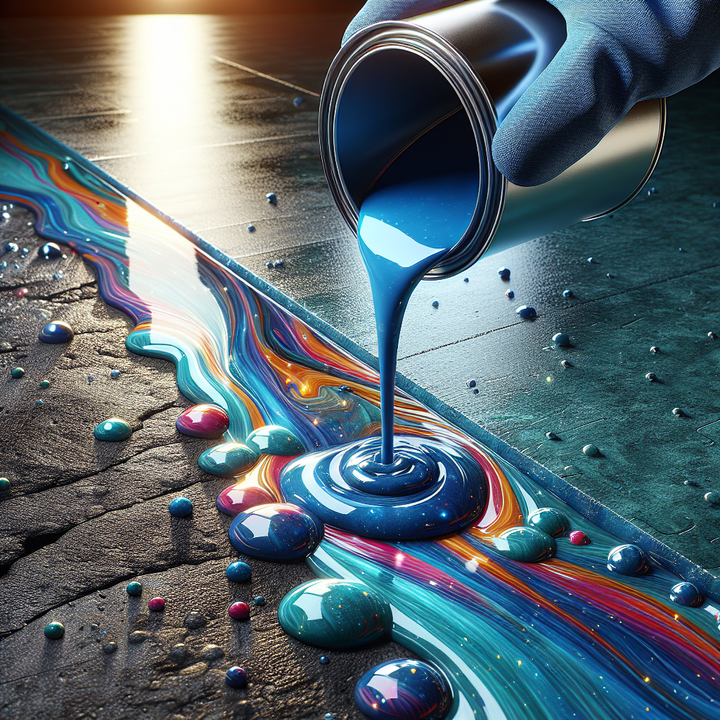 An illustration of a hand pouring bright blue epoxy resin onto a concrete floor.