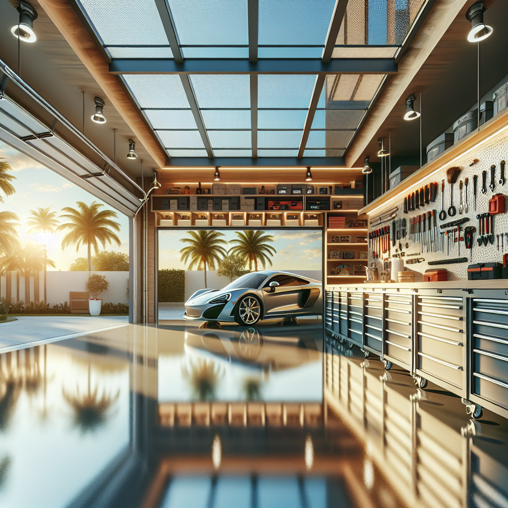 A modern garage in Fort Lauderdale with epoxy flooring and organized tools.