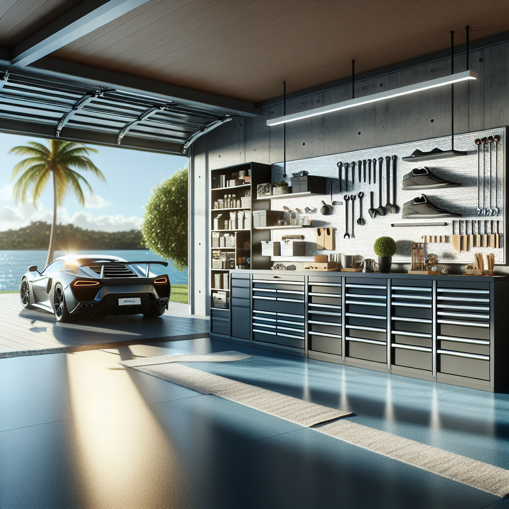 A modern garage interior in Fort Lauderdale with epoxy flooring, tools, and a luxury car.