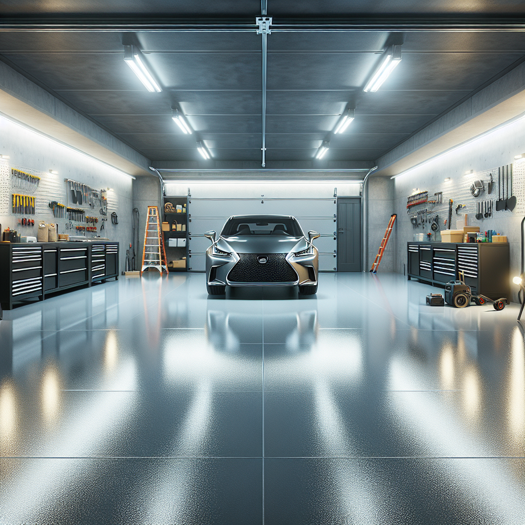 A spacious garage with a shiny light gray epoxy floor, tools against the wall, and a parked car.