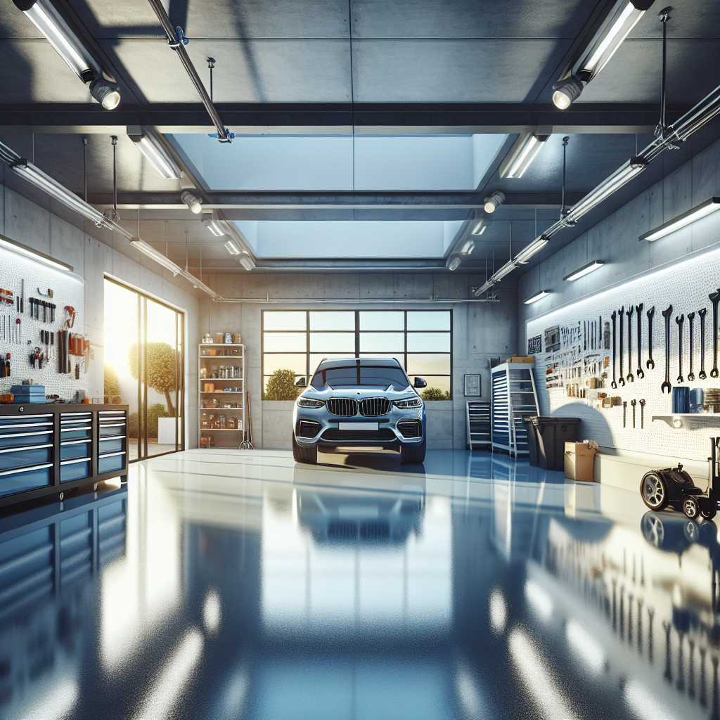 A spacious garage with polished metallic silver epoxy flooring, tools hanging on the wall, and a blue vehicle.