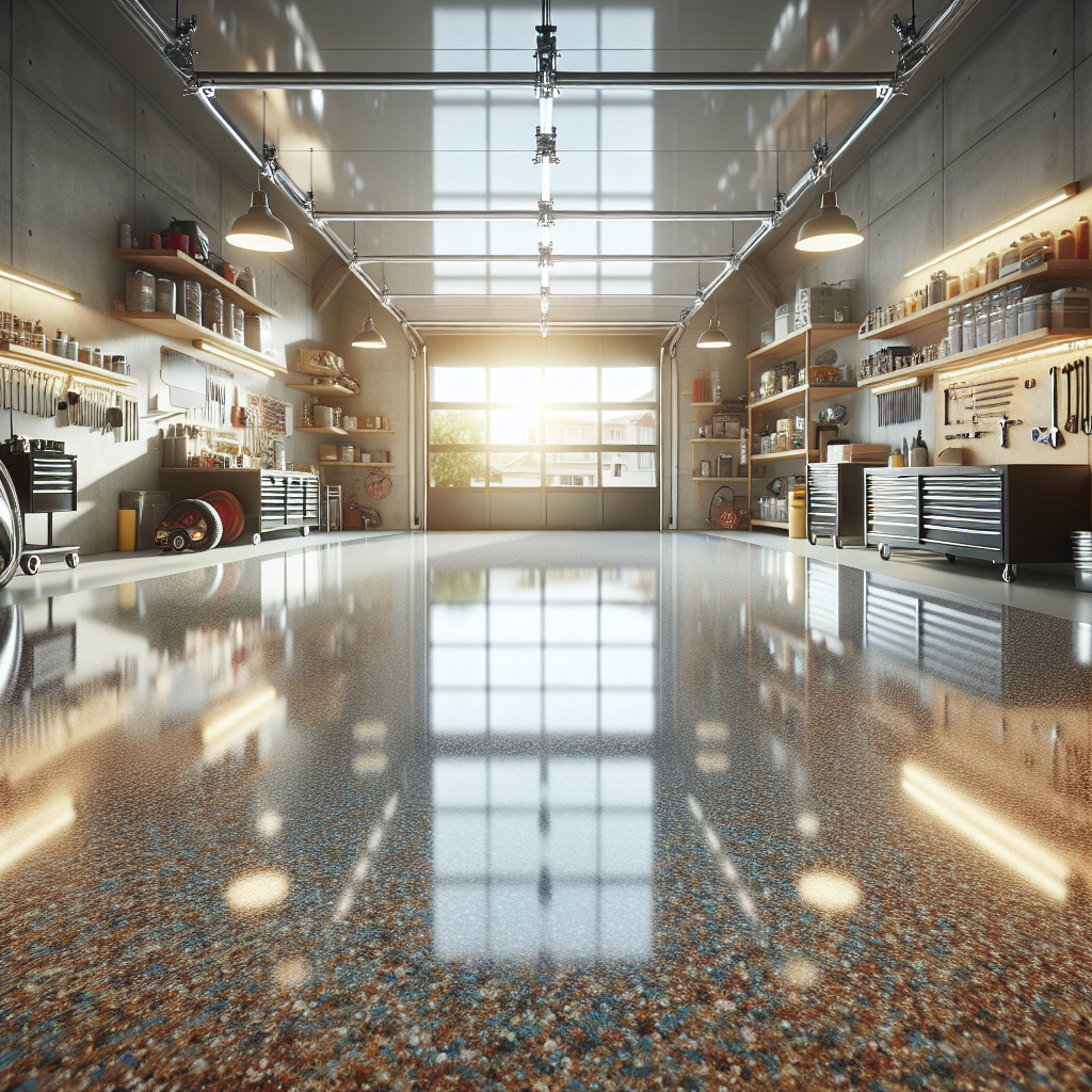 A spacious garage with shiny epoxy flooring reflecting various textures, organized tools, and bright lighting.