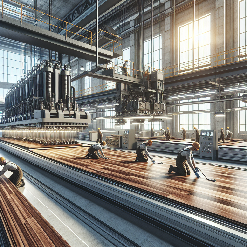 A modern Dura-Wood flooring manufacturing facility with machinery and skilled workers.