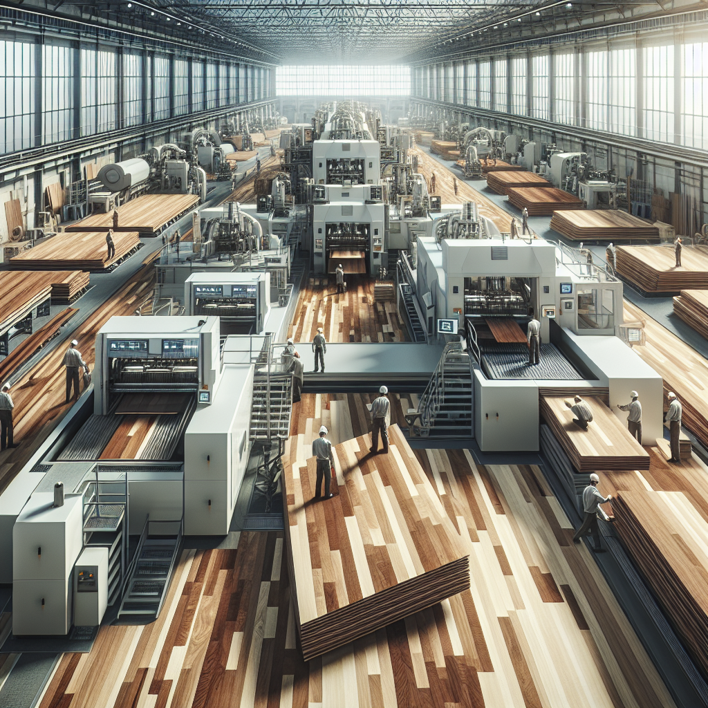 A Dura-Wood flooring manufacturing facility with machines and wooden panels.