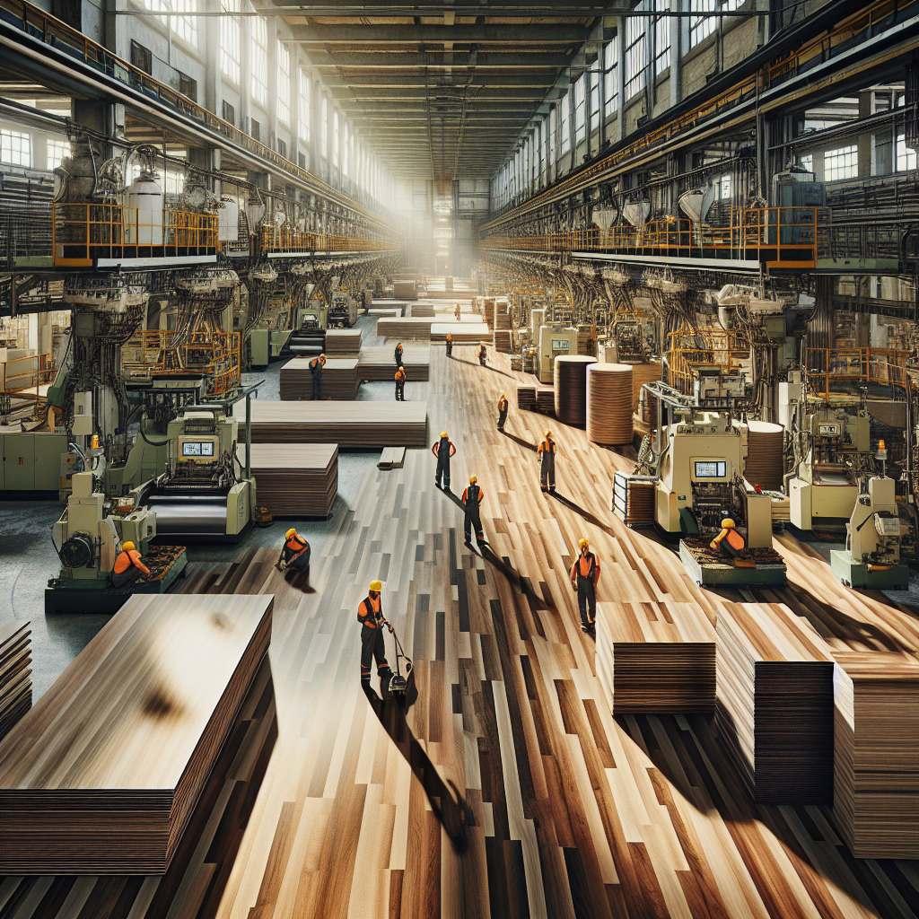 A Dura-Wood flooring manufacturing facility with machinery, workers, and flooring products.