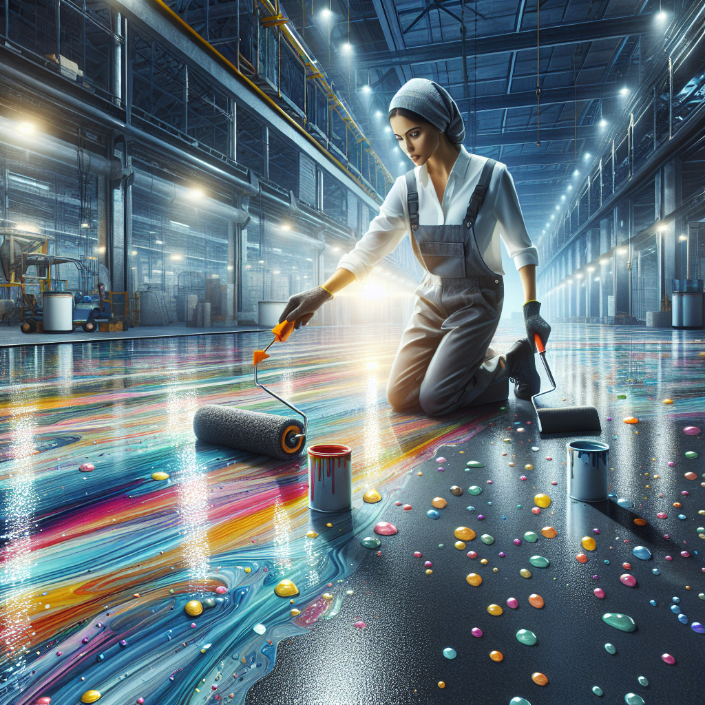 A worker applying colorful epoxy resin on a concrete floor in an industrial space.