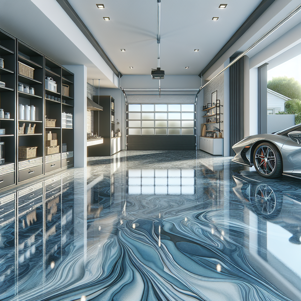 A polished epoxy floor in a modern residential garage showcasing blue and silver-gray colors.