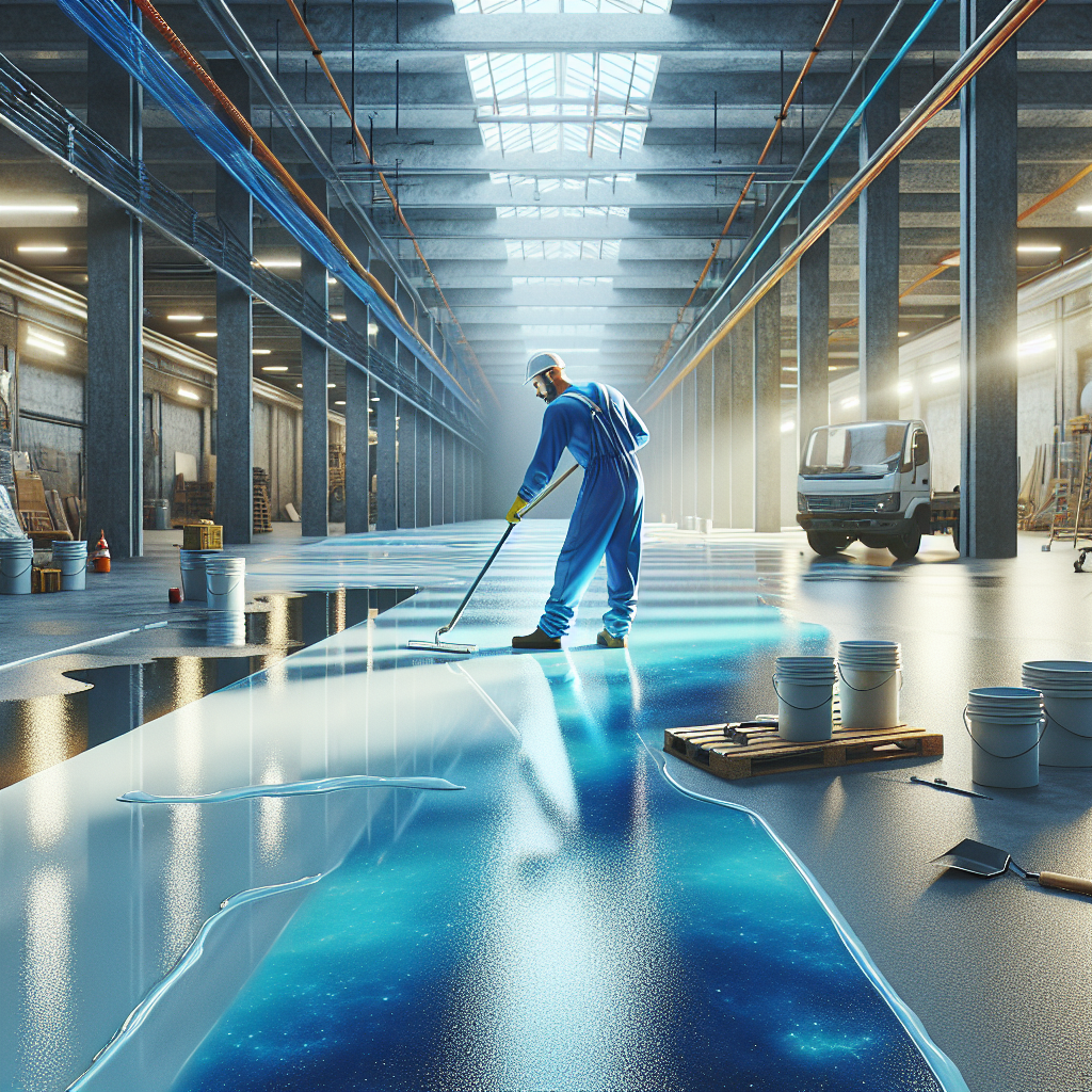 A worker applying epoxy over a concrete floor in a workshop.