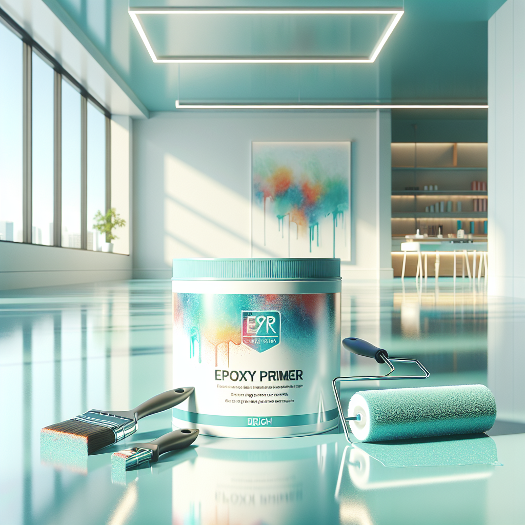 A workspace with Floor-Pro 104 Aqua Epoxy Primer and painting tools.