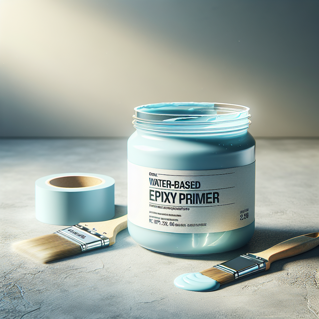 A container of Floor-Pro 104 Aqua Epoxy Primer on a concrete surface with a paintbrush and painter's tape.