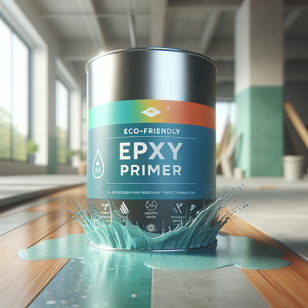 A canister of Floor-Pro 104 Aqua Epoxy Primer with water splashes and a construction site in the background.