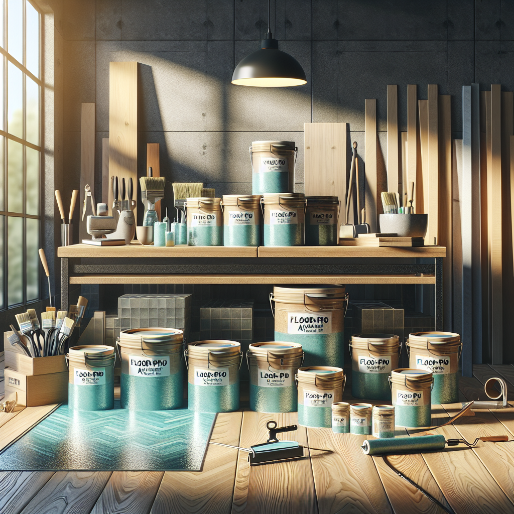 A workshop setting showcasing containers of Floor-Pro 104 Aqua Epoxy Primer and flooring tools in a bright atmosphere.