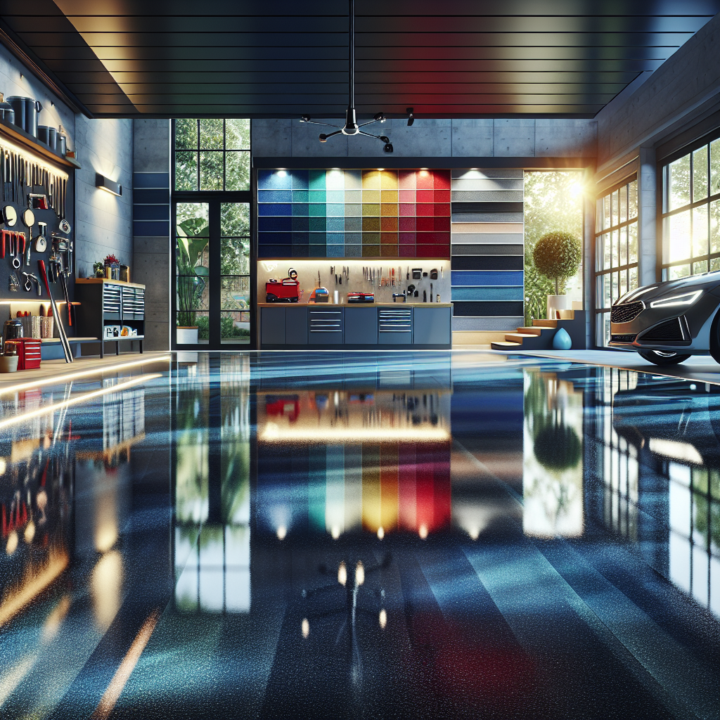 A modern epoxy floor in a garage, showcasing its glossy finish with color samples in the background.